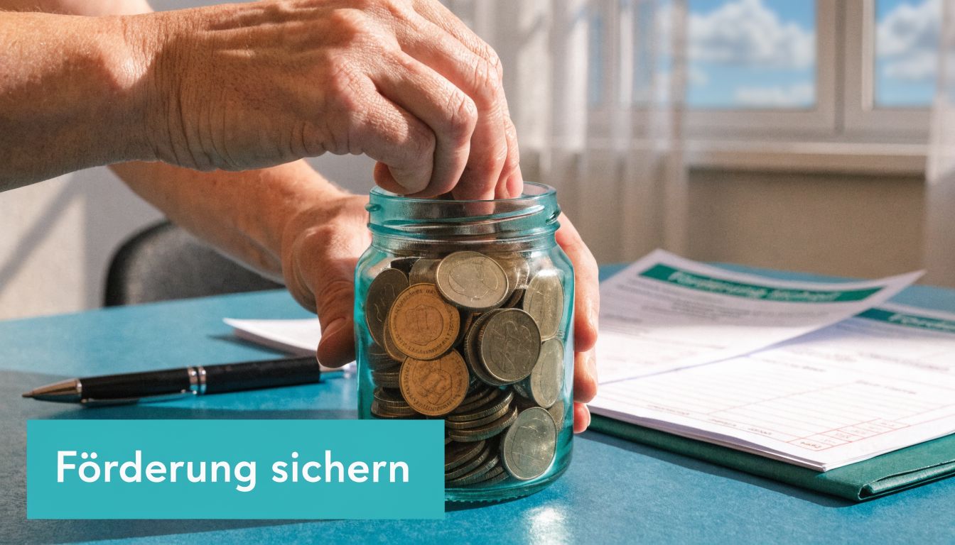 Eine Hand legt eine Münze in ein Glas voller Geld, neben Unterlagen für eine finanzielle Förderung.