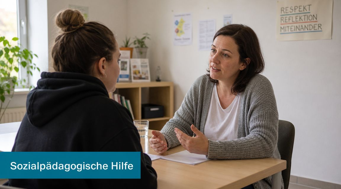 Eine Sozialpädagogin führt ein unterstützendes Beratungsgespräch mit einer jungen Frau in einem hellen Büro.