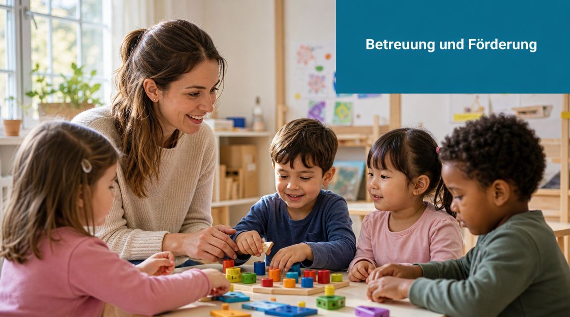Eine freundliche Lehrerin spielt mit einer Gruppe von Kindern zusammen mit bunten Lernspielzeugen im Kindergarten.