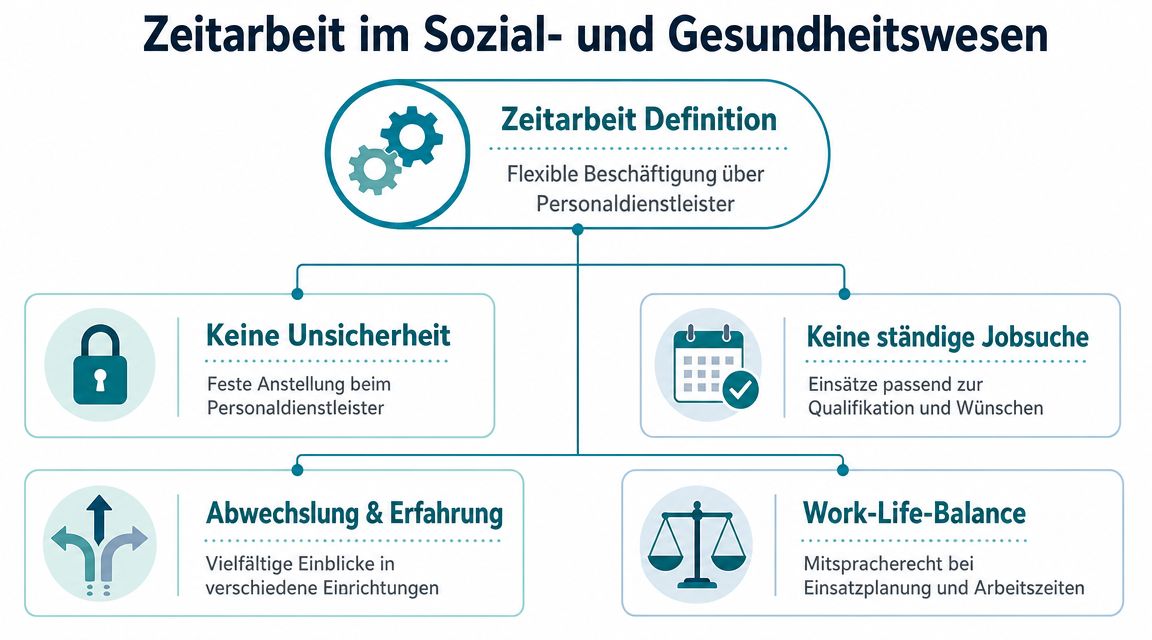 Infografik zur Zeitarbeit im Sozial- und Gesundheitswesen mit Vorteilen wie Sicherheit, Flexibilität und besserer Work-Life-Balance.