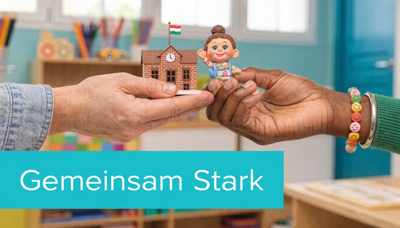 Zwei Hände halten gemeinsam ein Miniatur-Schulgebäude und eine Spielfigur als Symbol für Zusammenarbeit in der Erziehung.