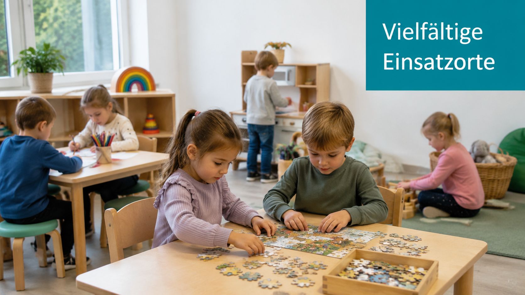 Eine Gruppe von Kindern in einer Kindertagesstätte beim gemeinsamen Spielen, Puzzeln und Malen in einem hellen Gruppenraum.