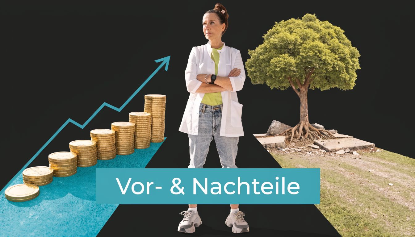 Eine Frau in Arbeitskleidung betrachtet symbolische Darstellungen von finanziellem Wachstum und Natur für Vor- und Nachteile.