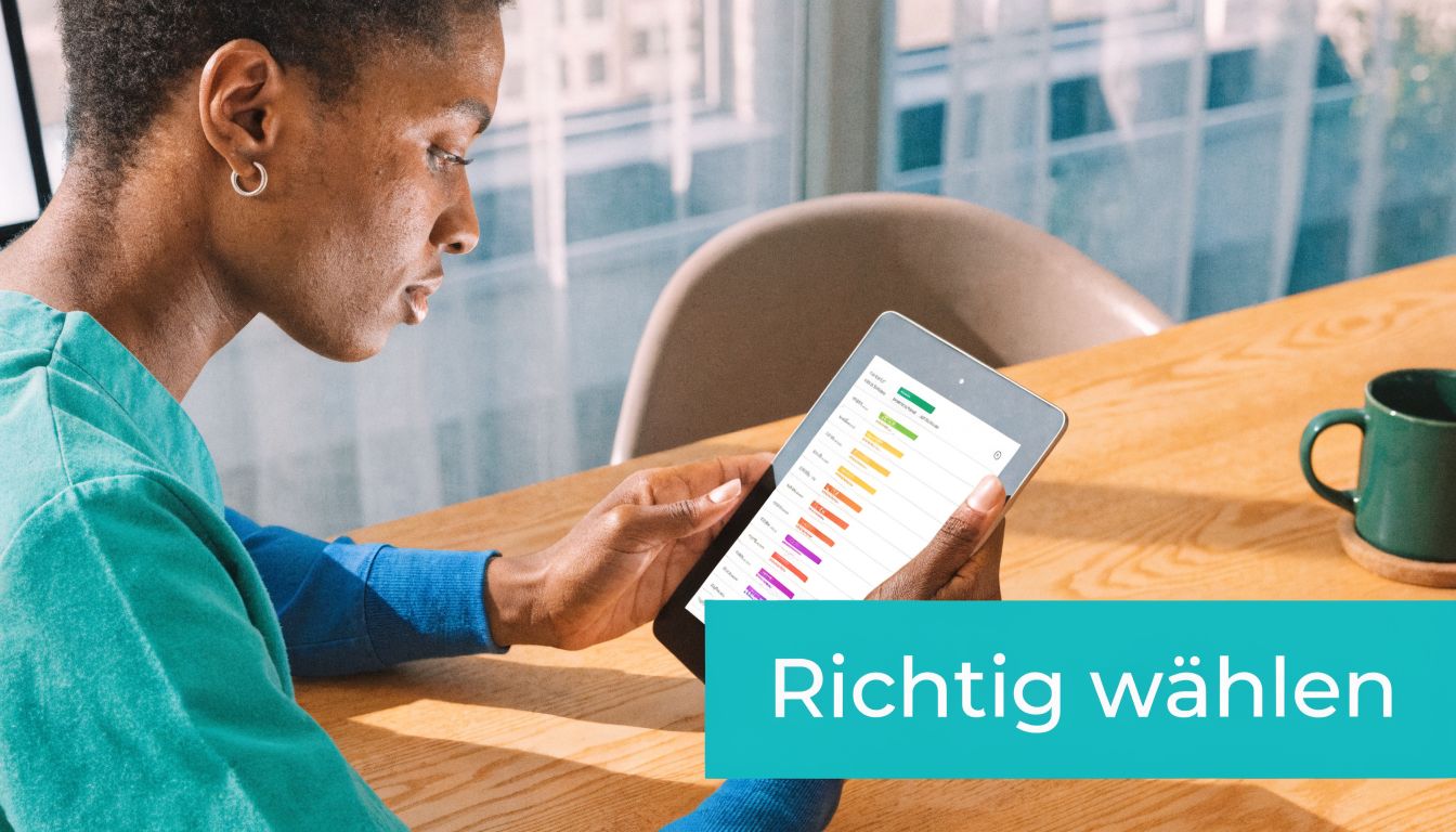 Eine Pflegerin liest auf einem Tablet Informationen über Zeitarbeitsoptionen in einem hellen, modernen Büro.