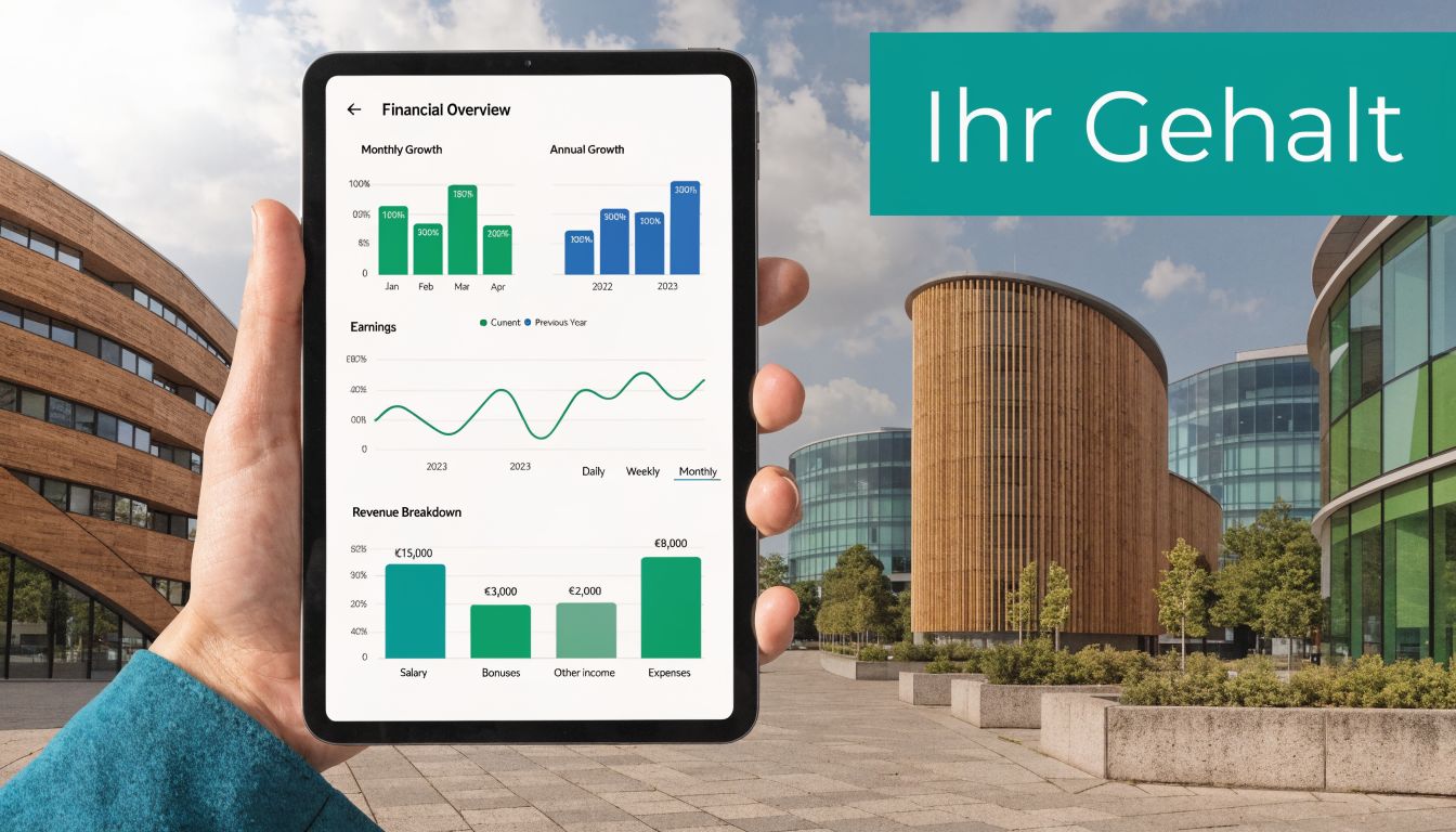 Eine Hand hält ein Tablet, das eine Finanzübersicht mit verschiedenen Diagrammen über Gehälter und Finanzen anzeigt.