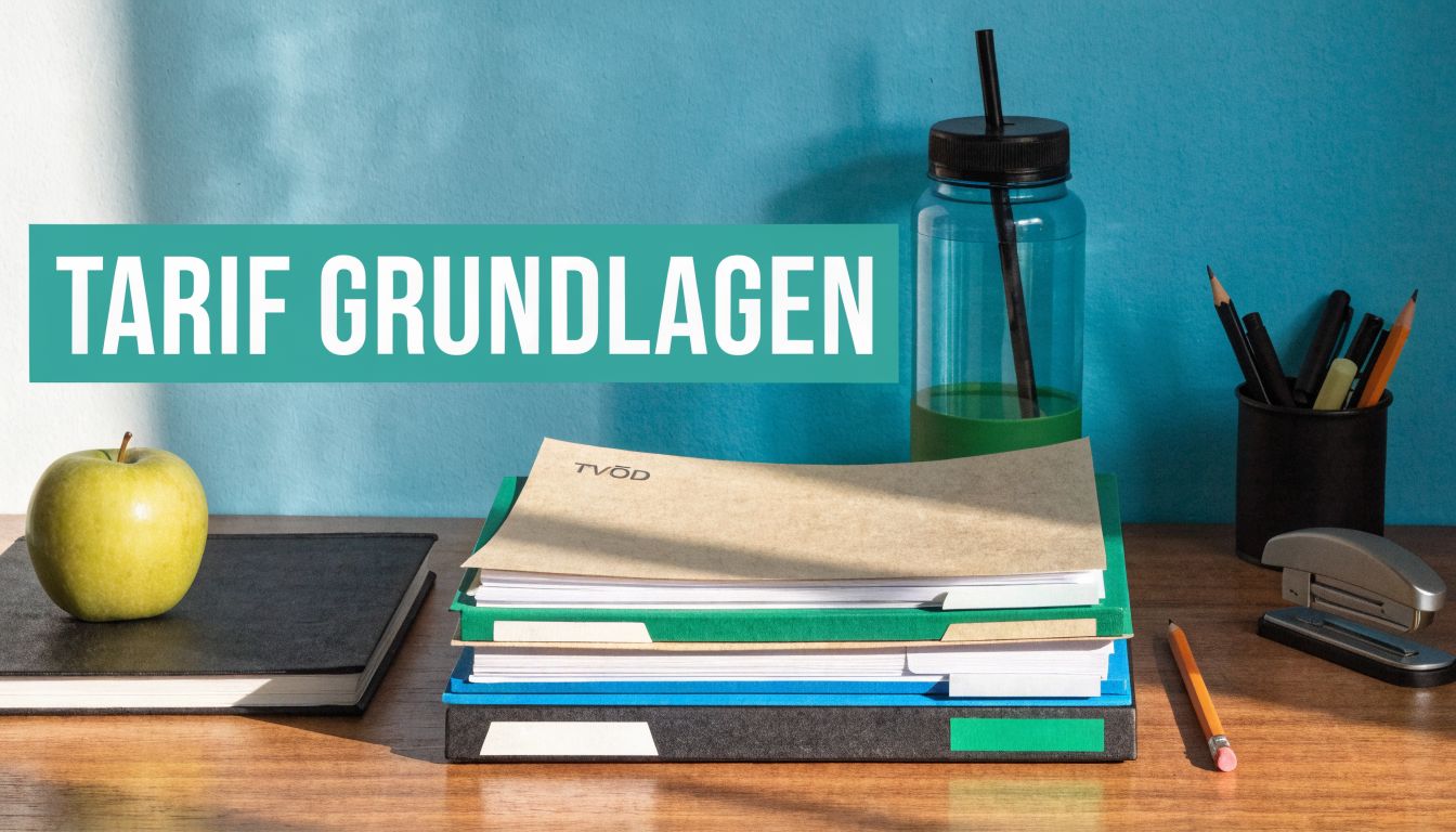 Ein Schreibtisch mit Unterlagen zum TVöD, einem Apfel, Stiften und einem Hefter vor einer blauen Wand.