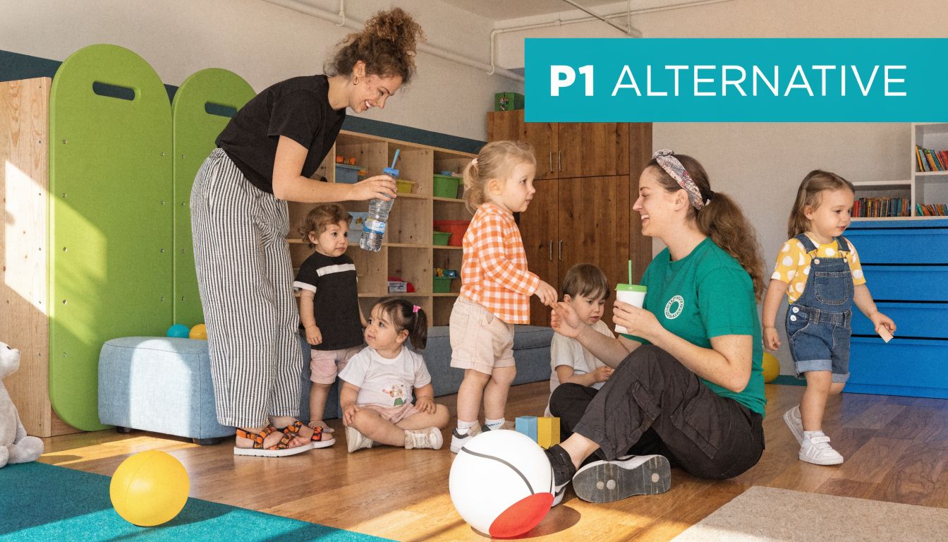 Zwei Erzieherinnen betreuen eine Gruppe fröhlicher Kinder in einer bunten und modernen Kindertagesstätte beim Spielen.