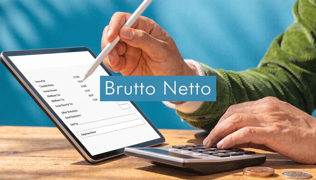 Eine Person berechnet ihr Netto-Einkommen auf einem Tablet mit einem Stift und einem Taschenrechner auf dem Tisch.