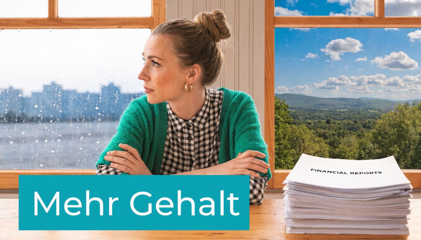 Eine Frau in einem grünen Pullover schaut nachdenklich aus dem Fenster neben einem Stapel Finanzberichte.
