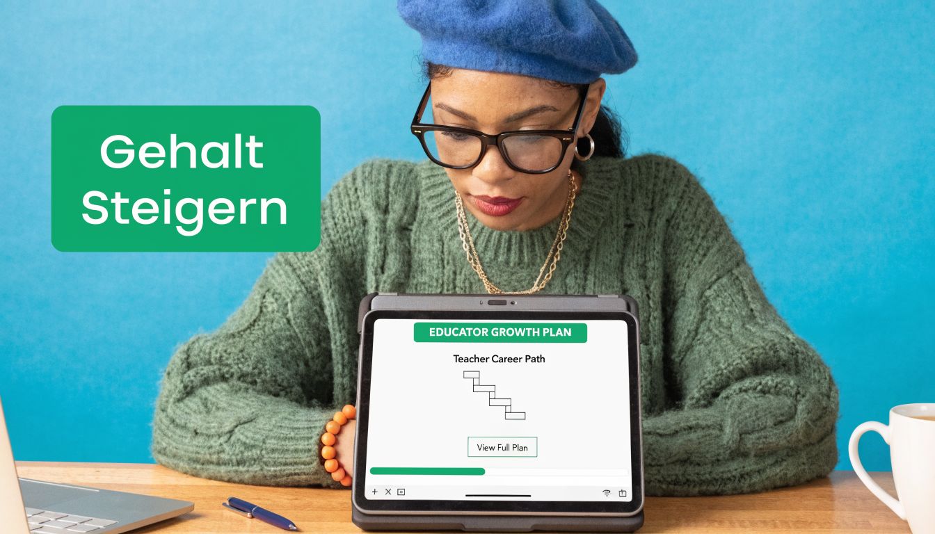 Eine Frau mit Baskenmütze betrachtet ein Tablet mit einem Karriereplan für Erzieher zur Gehaltssteigerung.