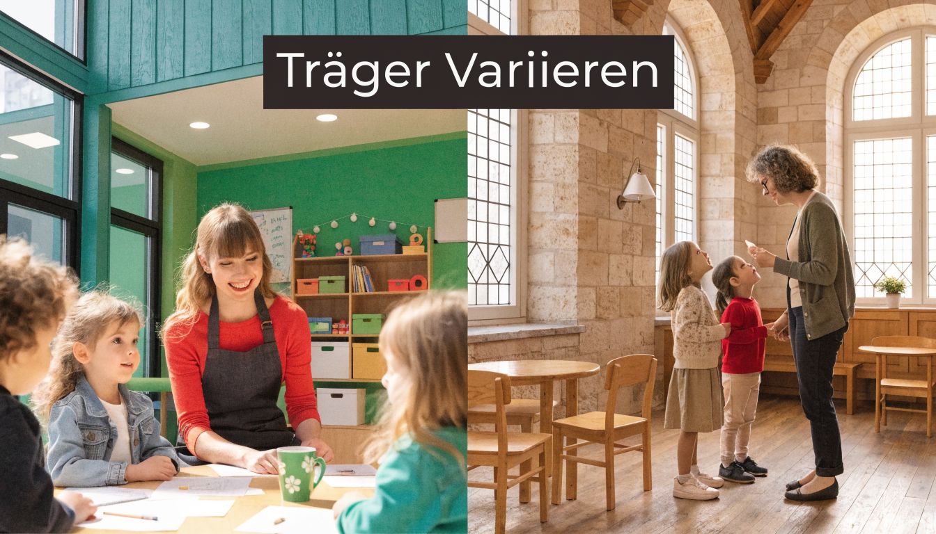 Eine Erzieherin arbeitet mit Kindern im Kindergarten und eine andere Lehrerin unterrichtet Kinder in einem Schulraum.