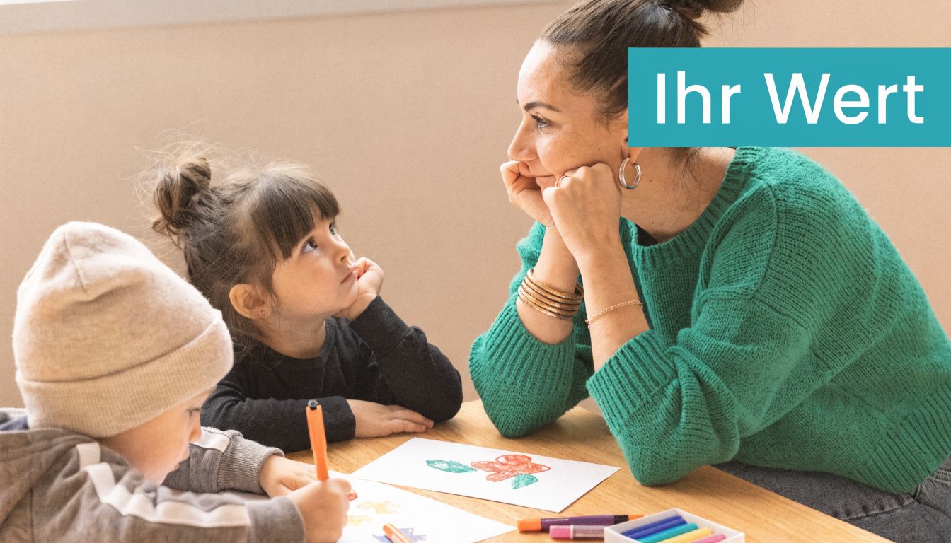 Eine Erzieherin schaut liebevoll auf zwei Kinder, die gemeinsam an einem Holztisch zeichnen und malen.