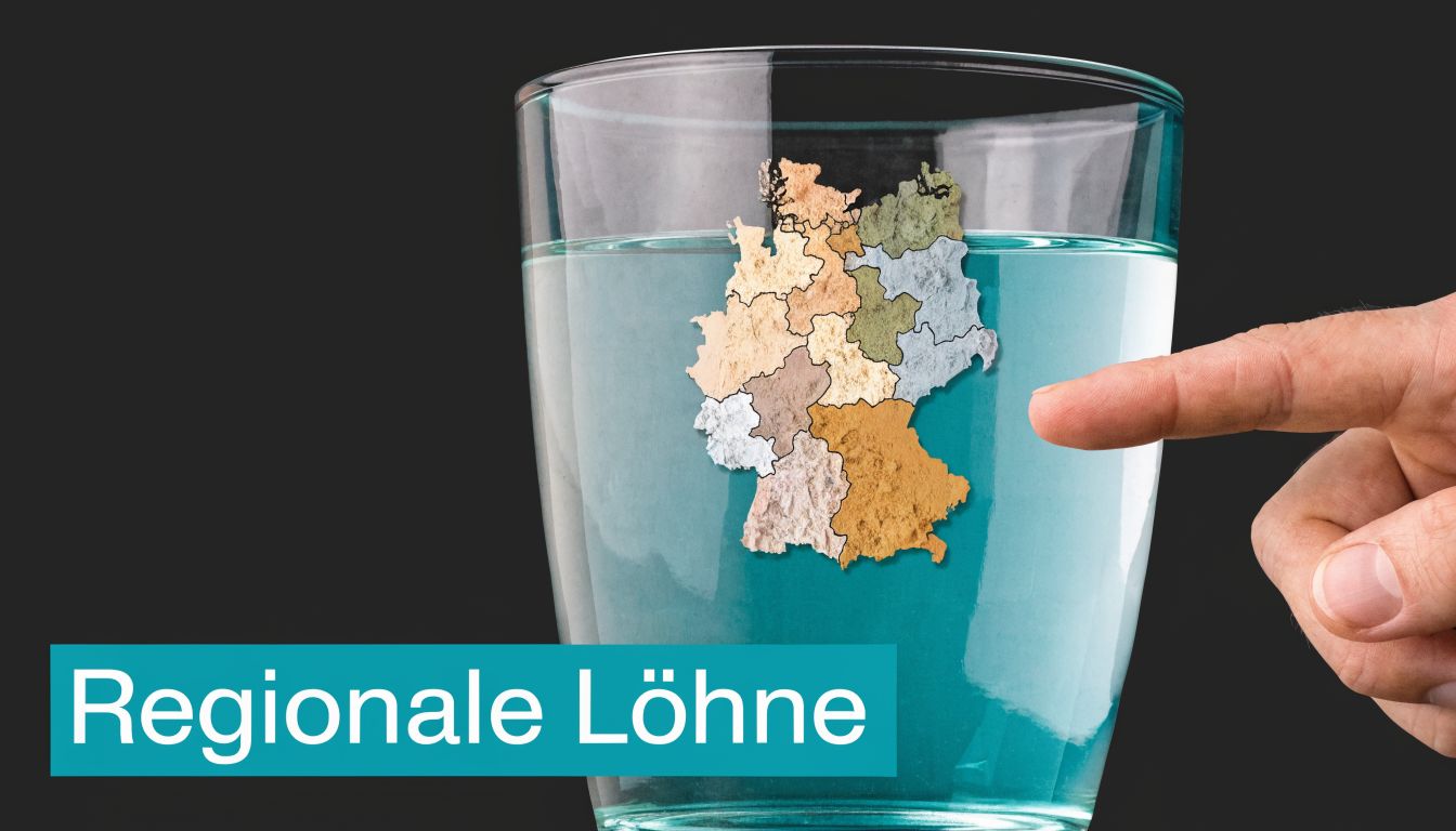Eine Hand deutet auf eine Deutschlandkarte in einem Wasserglas zum Thema regionale Lohnunterschiede in Deutschland.