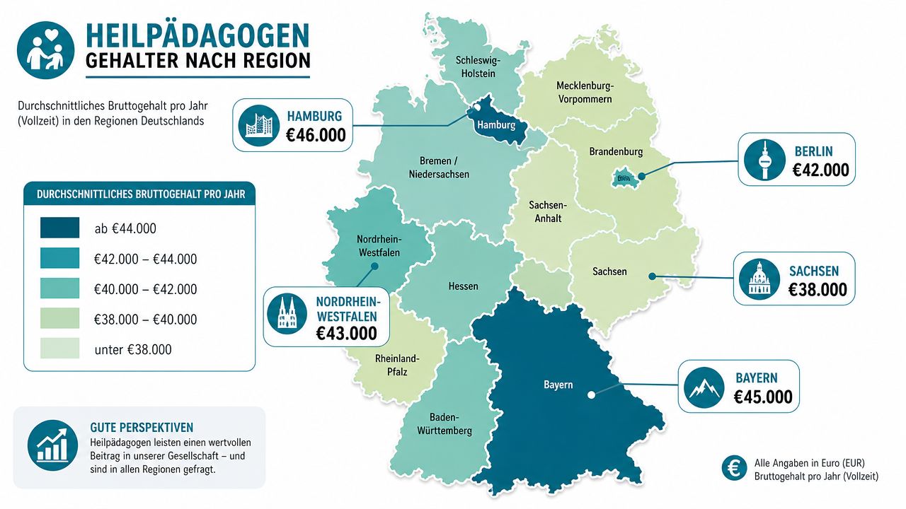 Eine Landkarte von Deutschland mit der regionalen Verteilung der durchschnittlichen Jahresgehälter von Heilpädagogen in verschiedenen Bundesländern.