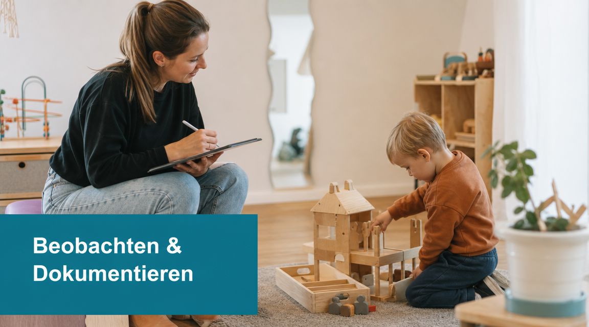 Eine Erzieherin beobachtet ein Kind beim Spielen mit einem Holzhaus und dokumentiert die Entwicklung auf einem Tablet.