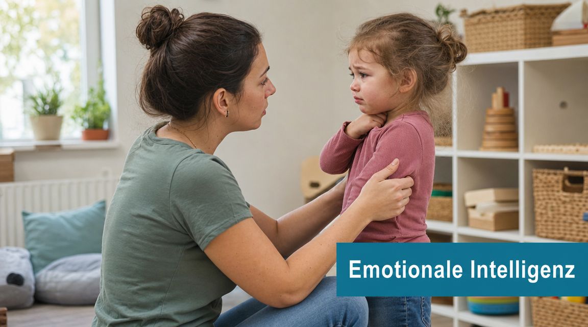 Eine Erzieherin tröstet einfühlsam ein weinendes Kind, um dessen emotionale Intelligenz in einer Kita-Umgebung zu fördern.