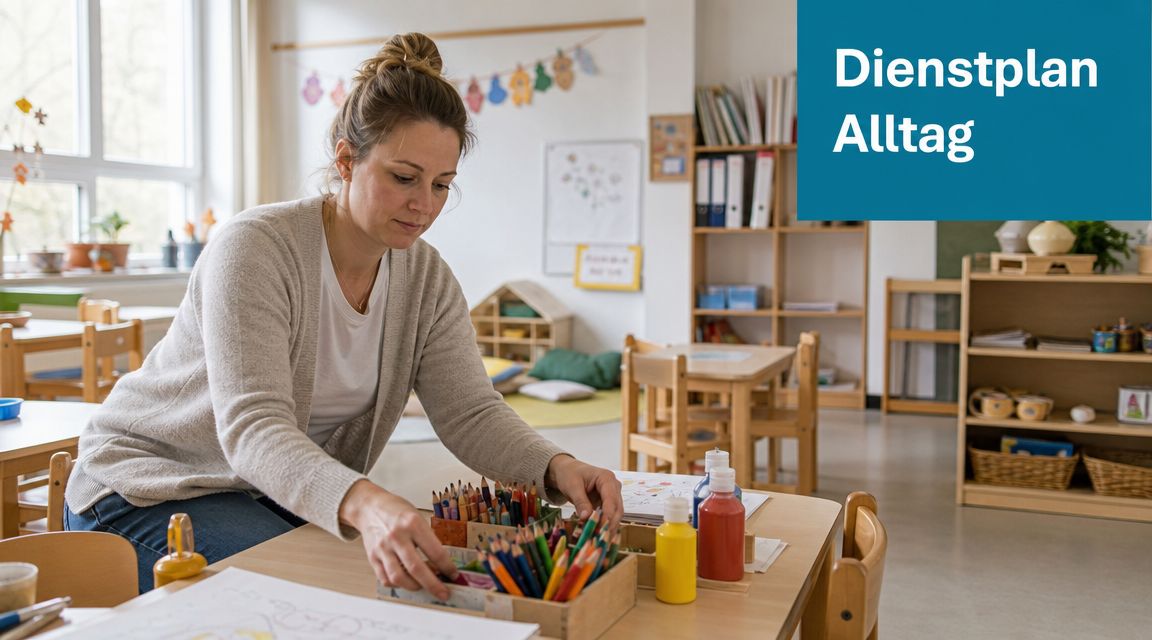 Eine Erzieherin sortiert in einem hellen Kindergarten bunte Stifte auf einem Holztisch für den kreativen Unterricht.