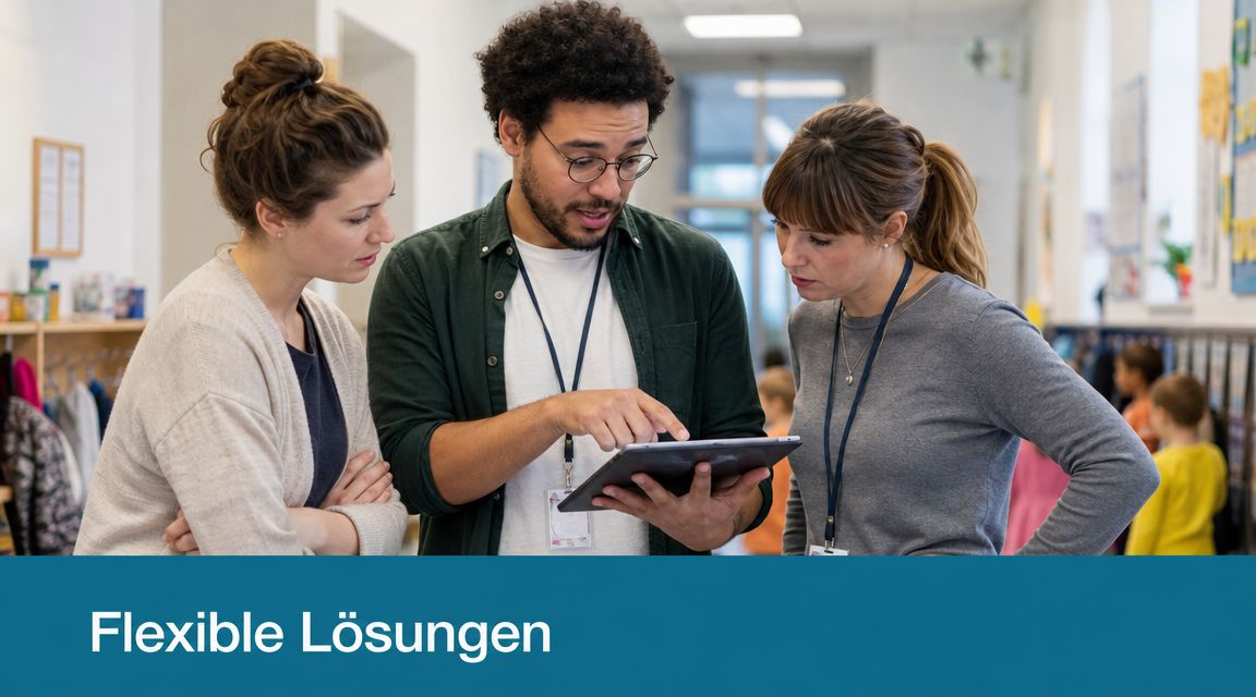 Drei Lehrkräfte oder Erzieher stehen im Flur und besprechen gemeinsam etwas auf einem Tablet-Computer.