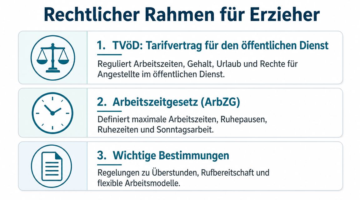Übersicht des rechtlichen Rahmens für Erzieher mit TVöD, Arbeitszeitgesetz und weiteren wichtigen arbeitsrechtlichen Bestimmungen im Überblick.