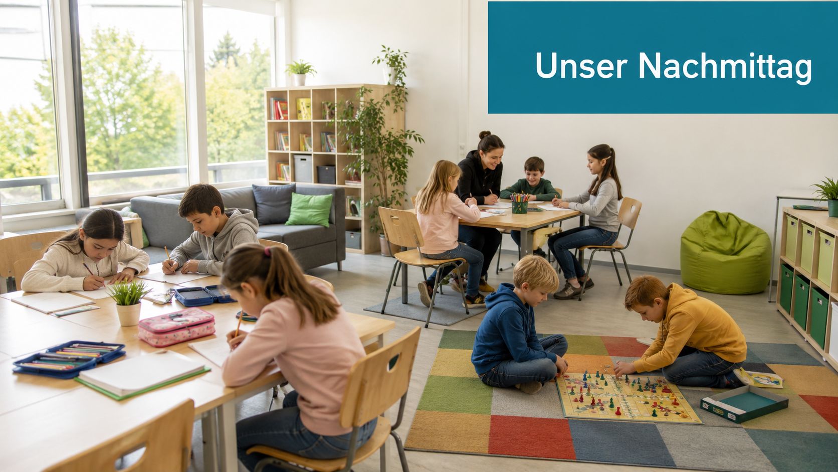 Kinder in der Nachmittagsbetreuung lernen an Tischen und spielen ein Brettspiel auf dem Boden im Klassenzimmer.