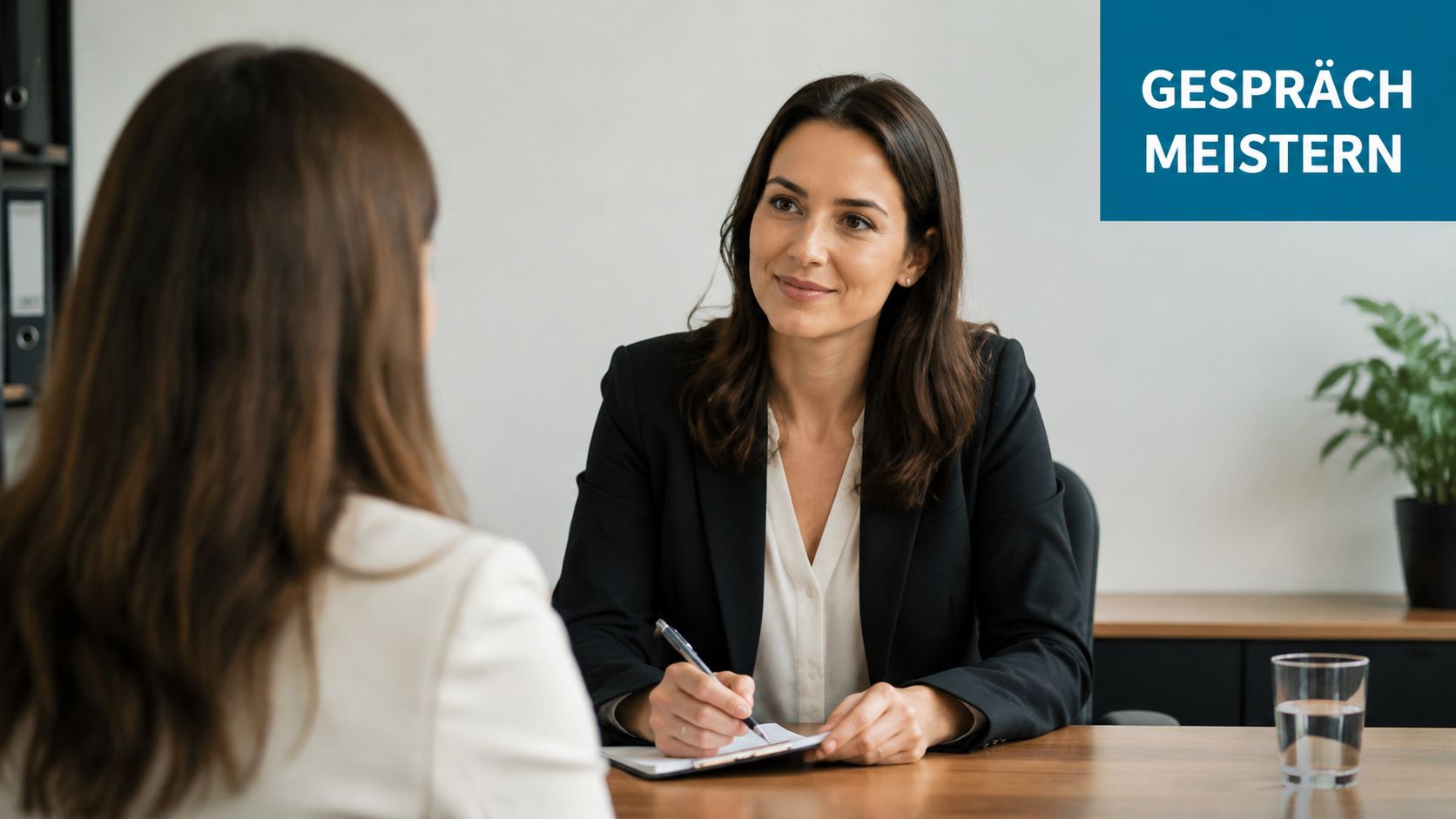 Eine professionelle Personalerin führt ein strukturiertes Vorstellungsgespräch mit einer Bewerberin an einem hellen Bürotisch.