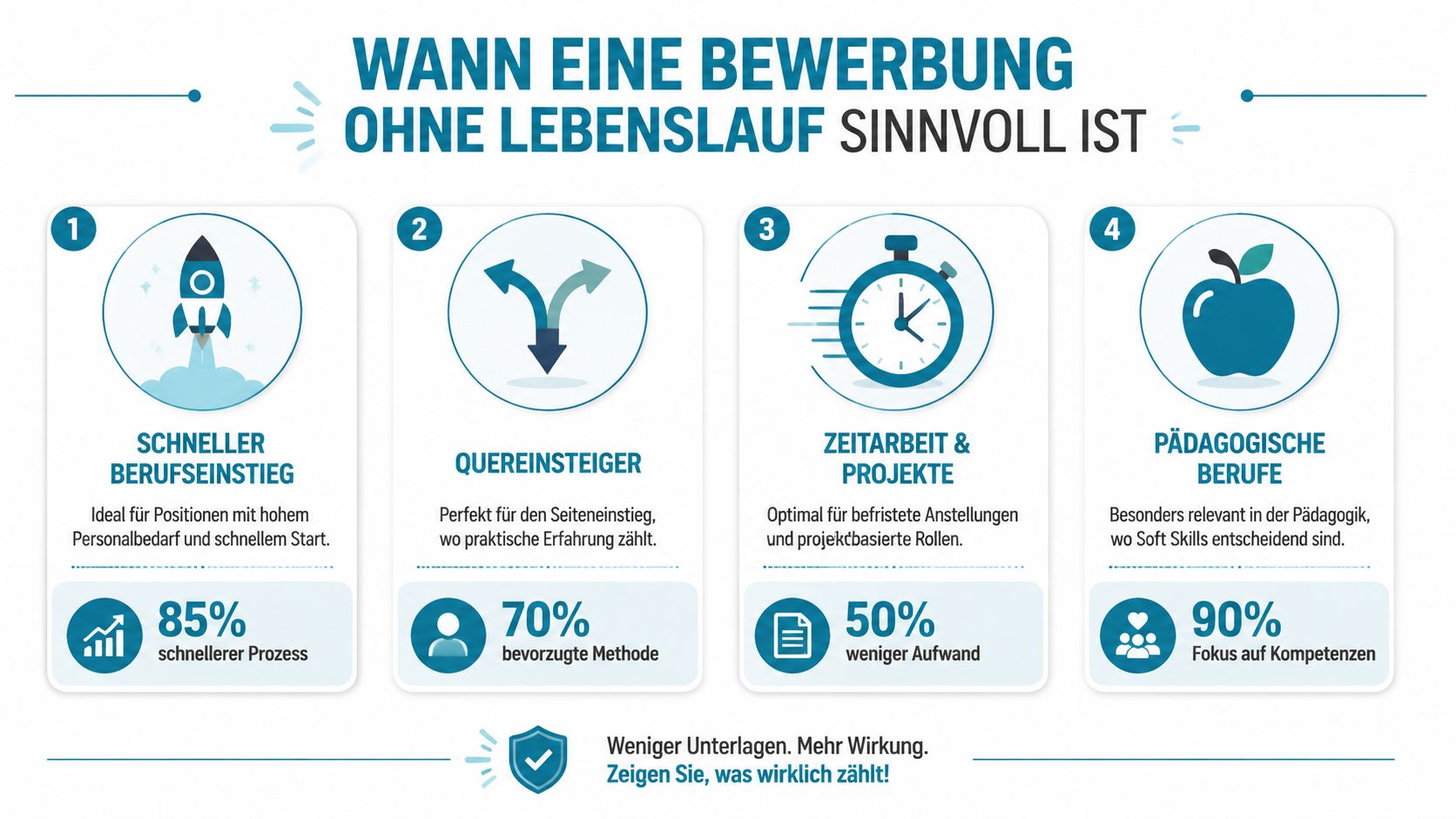 Infografik darüber, wann eine Bewerbung ohne Lebenslauf sinnvoll ist, inklusive vier konkreter Anwendungsbereiche und statistischer Vorteile.