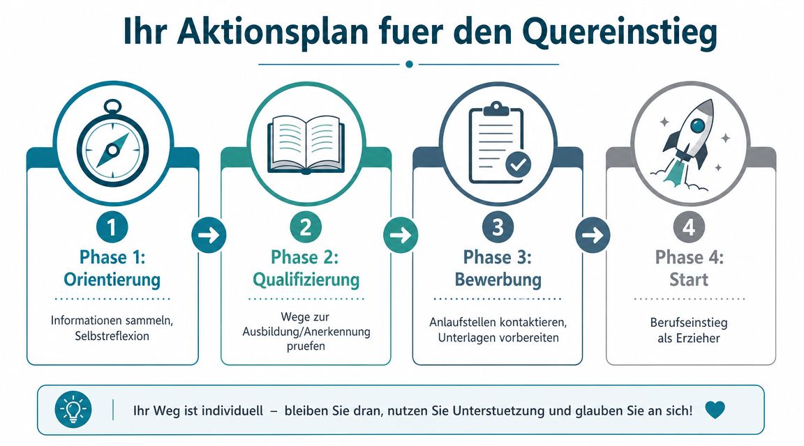 Ein grafischer Aktionsplan in vier Phasen für den Quereinstieg zum Erzieher mit Orientierung, Qualifizierung, Bewerbung und Start.