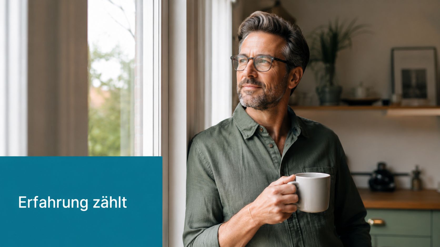 Ein erfahrener Mann in einem grünen Hemd hält eine Kaffeetasse und schaut nachdenklich aus dem Fenster.
