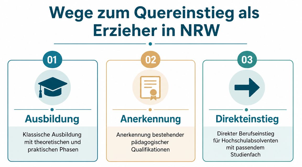 Eine Infografik mit drei Wegen für den Quereinstieg als Erzieher in NRW: Ausbildung, Anerkennung und Direkteinstieg.