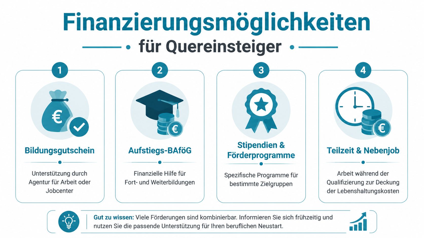 Übersicht zu Finanzierungsmöglichkeiten für einen beruflichen Quereinstieg durch staatliche Förderung, Stipendien oder nebenberufliche Arbeit.