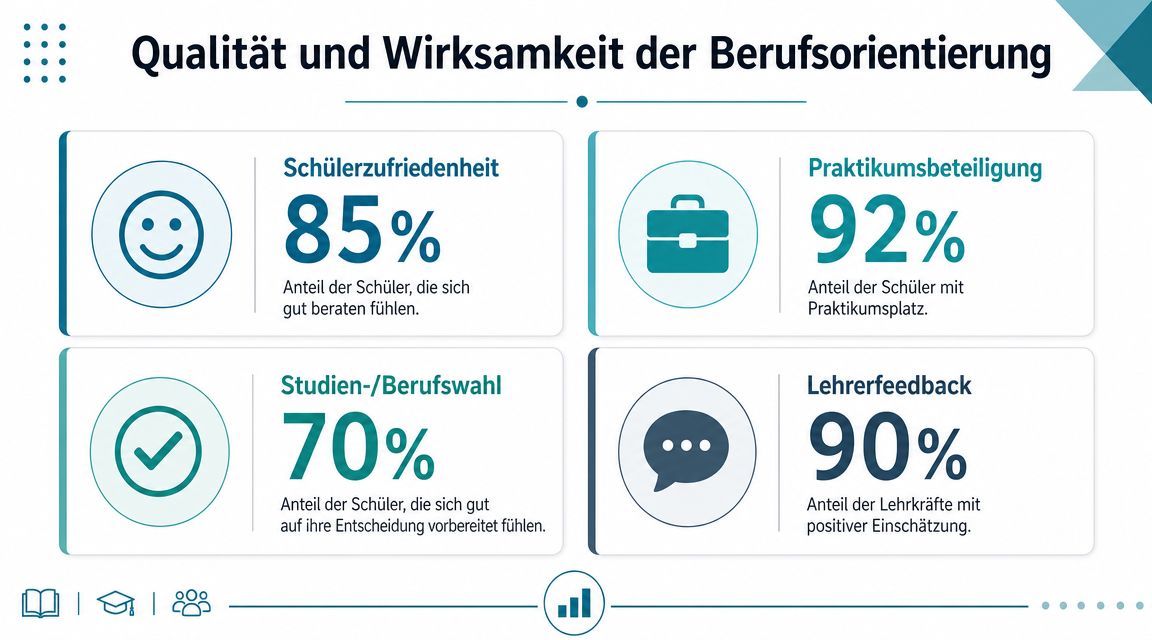 Infografik zur Qualität und Wirksamkeit der Berufsorientierung an Schulen mit verschiedenen Statistiken zu Zufriedenheit und Beteiligung.