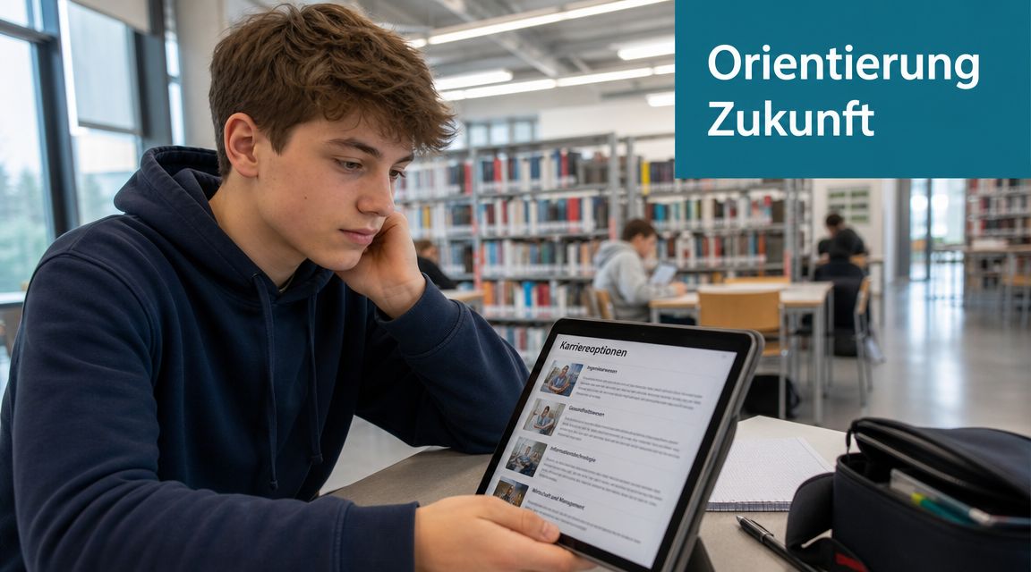 Ein junger Schüler sitzt in einer Bibliothek und recherchiert Karriereoptionen auf einem Tablet für seine berufliche Zukunft.