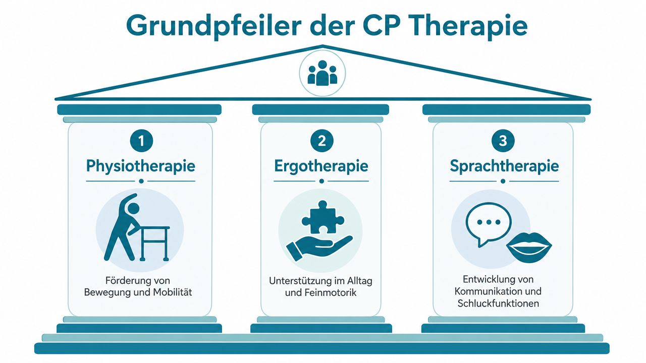 Eine Grafik zeigt die drei Grundpfeiler der Cerebralparese-Therapie: Physiotherapie, Ergotherapie und Sprachtherapie als tragende Säulen.