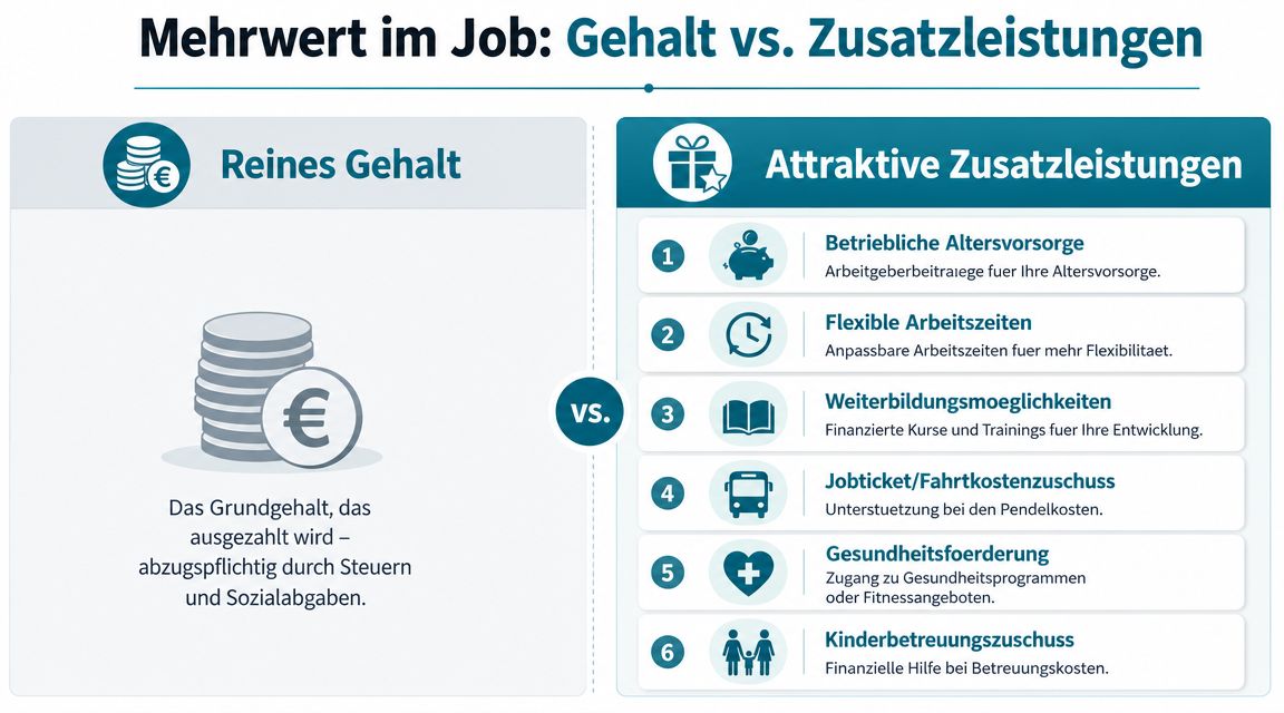 Vergleichsgrafik zwischen klassischem Gehalt und attraktiven betrieblichen Zusatzleistungen für Arbeitnehmer mit verschiedenen Beispielen.