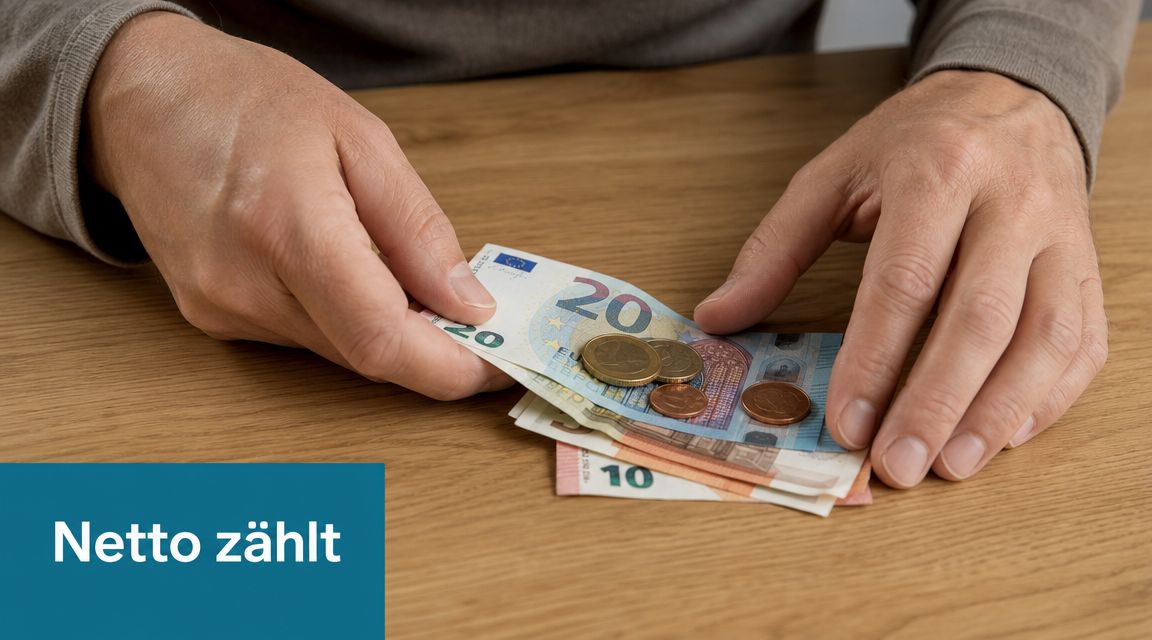 Ein Paar Hände zählt Bargeld auf einem Holztisch mit einem blauen Textfeld mit dem Schriftzug Netto zählt.