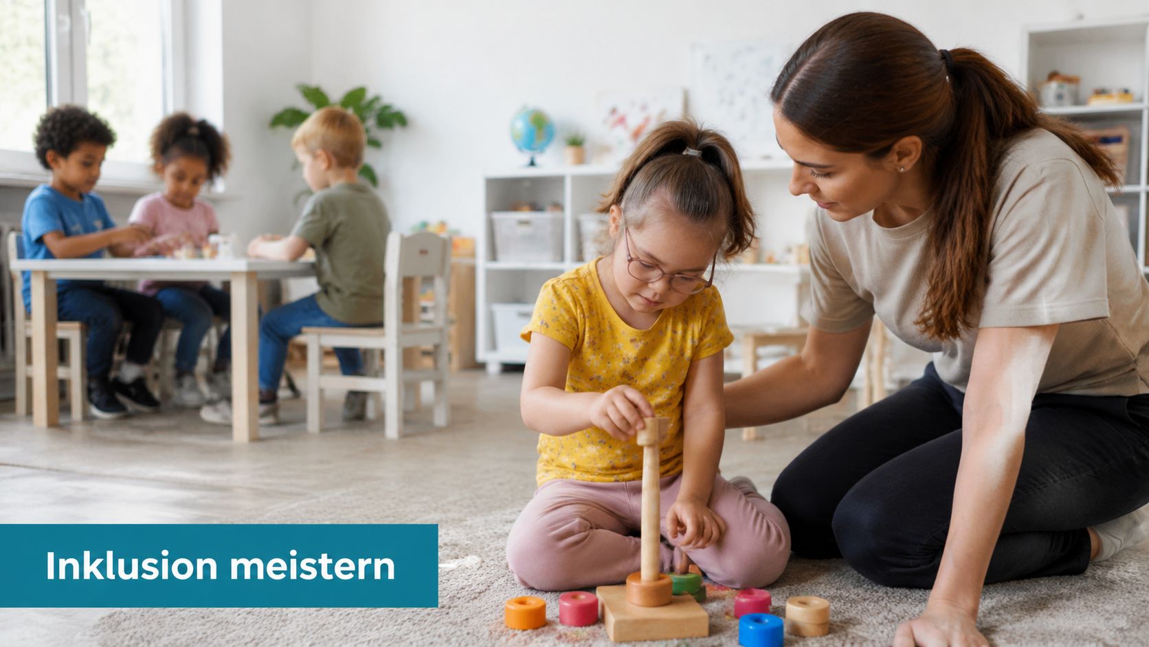 Eine Pädagogin spielt in einer inklusiven Kindergartengruppe mit einem Mädchen mit Down-Syndrom auf dem Boden.