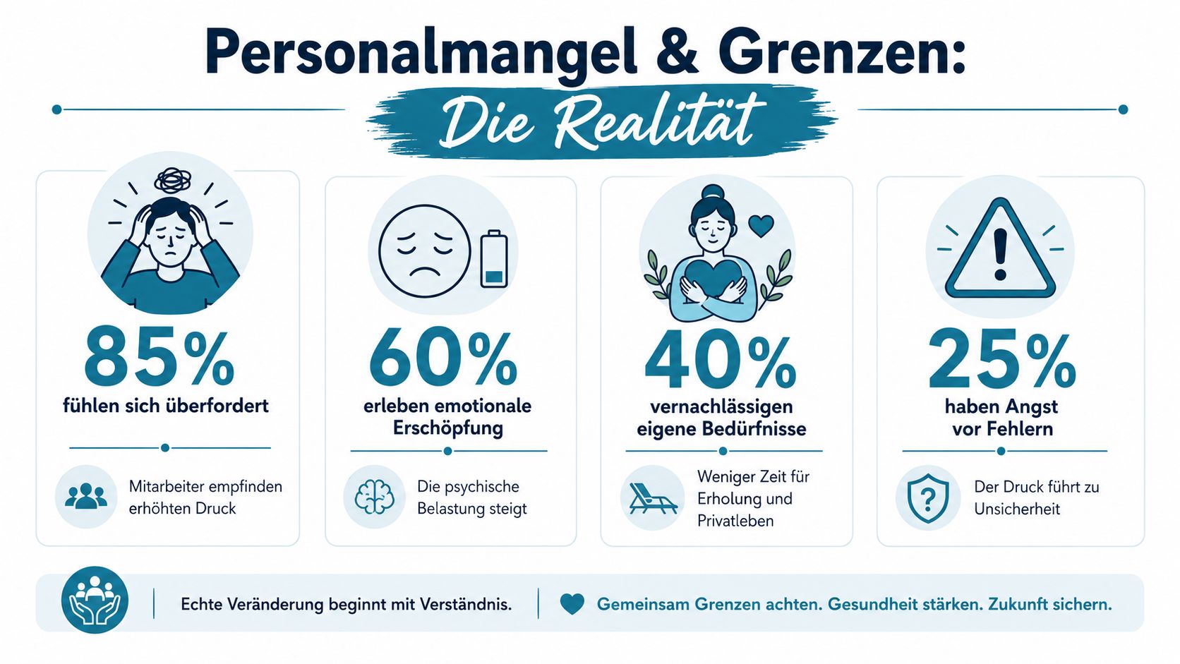 Eine Infografik über Personalmangel, die Belastungen und psychische Auswirkungen von Mitarbeitern am Arbeitsplatz visualisiert.