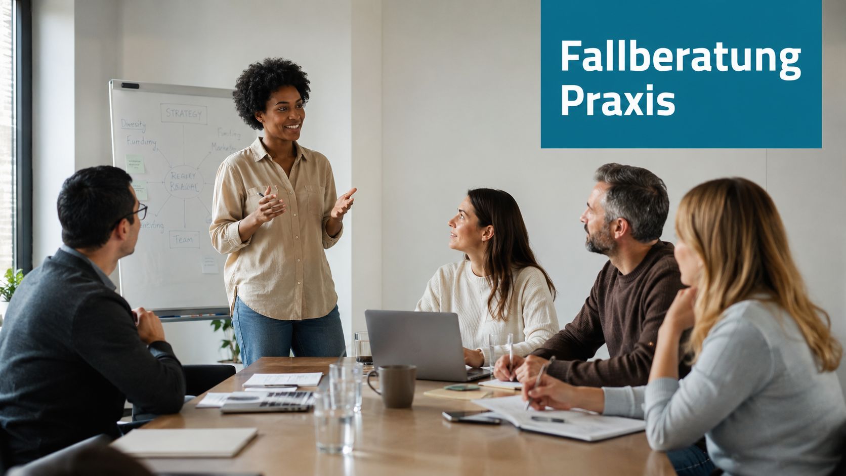 Ein diverses Team von Kollegen führt in einem modernen Büro eine professionelle Fallberatung an einem Konferenztisch durch.