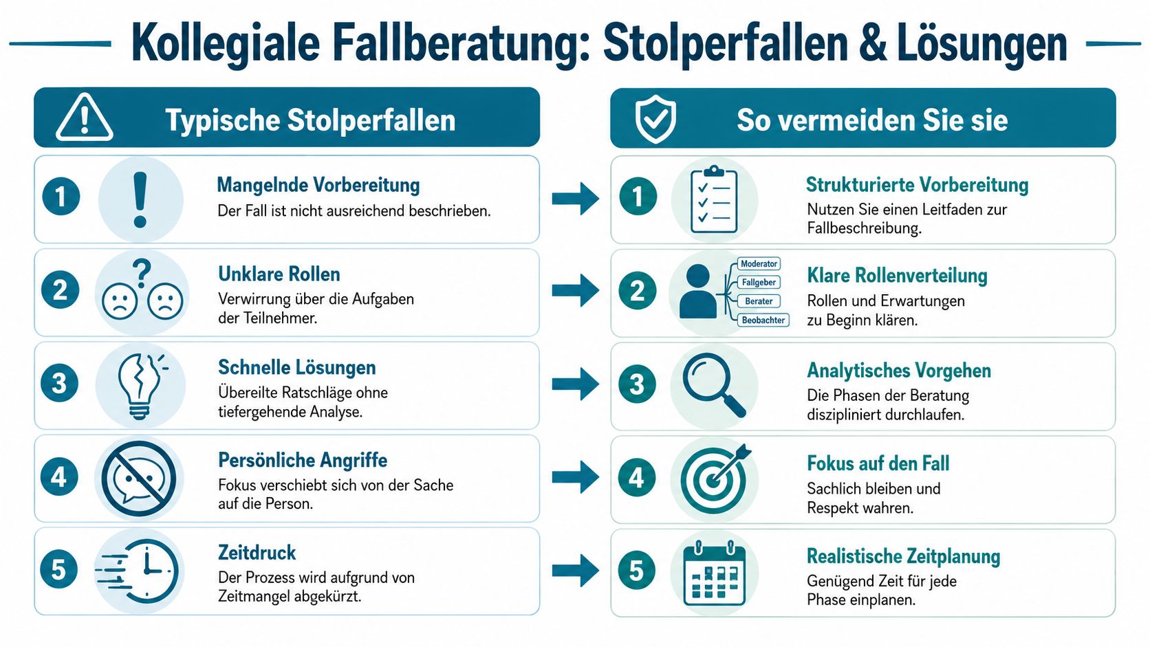 Eine Infografik zur kollegialen Fallberatung zeigt fünf typische Stolperfallen sowie die entsprechenden Lösungen für einen strukturierten Prozess.