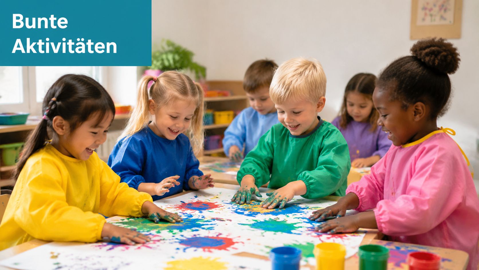 Eine Gruppe fröhlicher Kinder in einer Kita malt gemeinsam mit den Händen bunte Farben auf Papier.