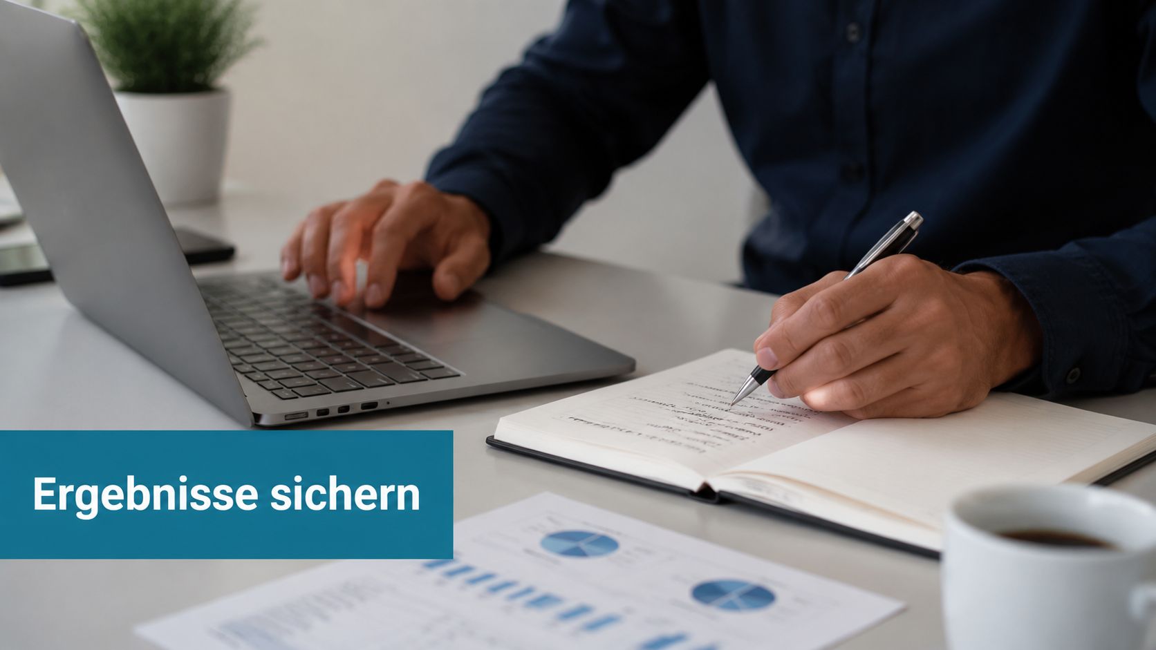 Eine Person arbeitet am Laptop und notiert sich gleichzeitig wichtige Informationen in einem Notizbuch am Schreibtisch.