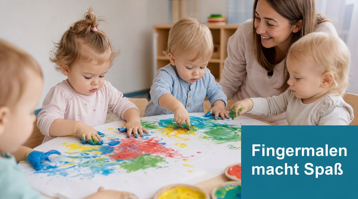 Eine Erzieherin malt gemeinsam mit drei Kleinkindern in einer Krippe mit bunten Fingerfarben auf Papier.