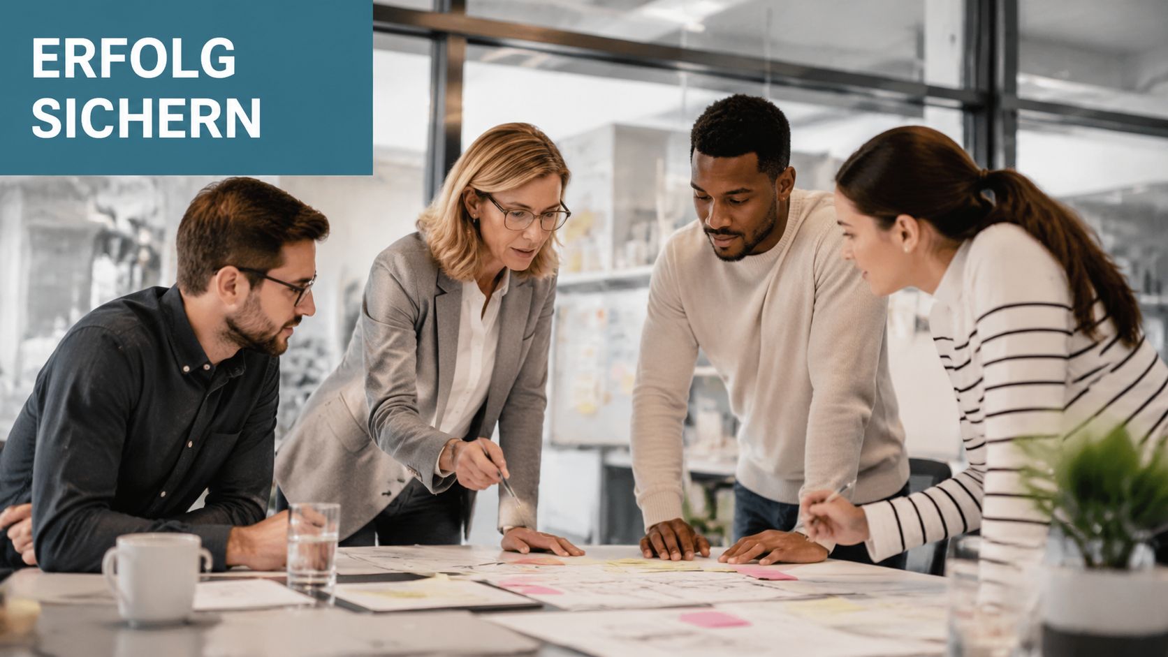 Ein diverses Team arbeitet konzentriert gemeinsam an einem Schreibtisch mit Unterlagen und Notizen in einem modernen Büro.