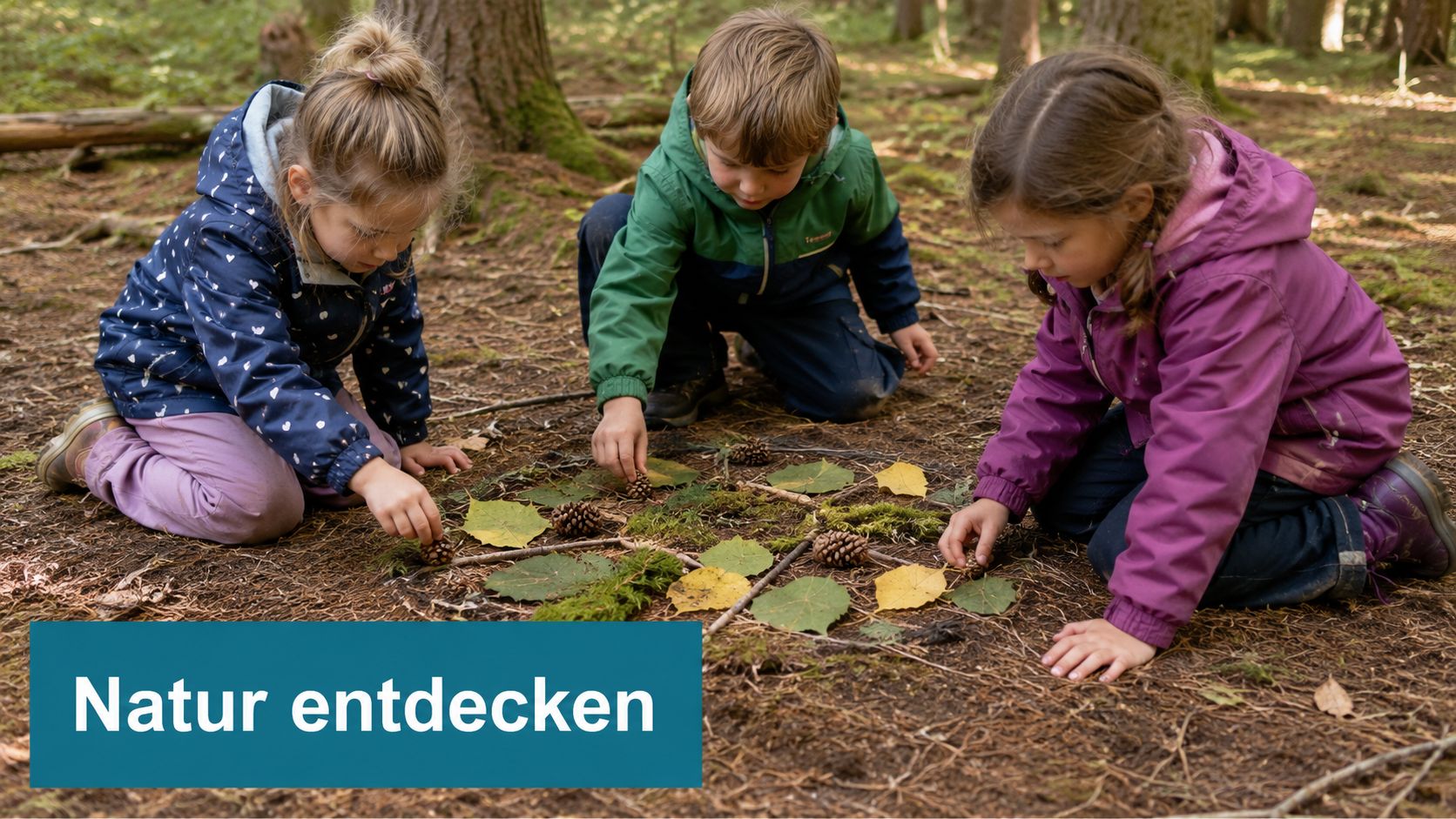Drei Kinder spielen kreativ im Wald und gestalten ein Muster aus gesammelten Blättern und Kiefernzapfen.