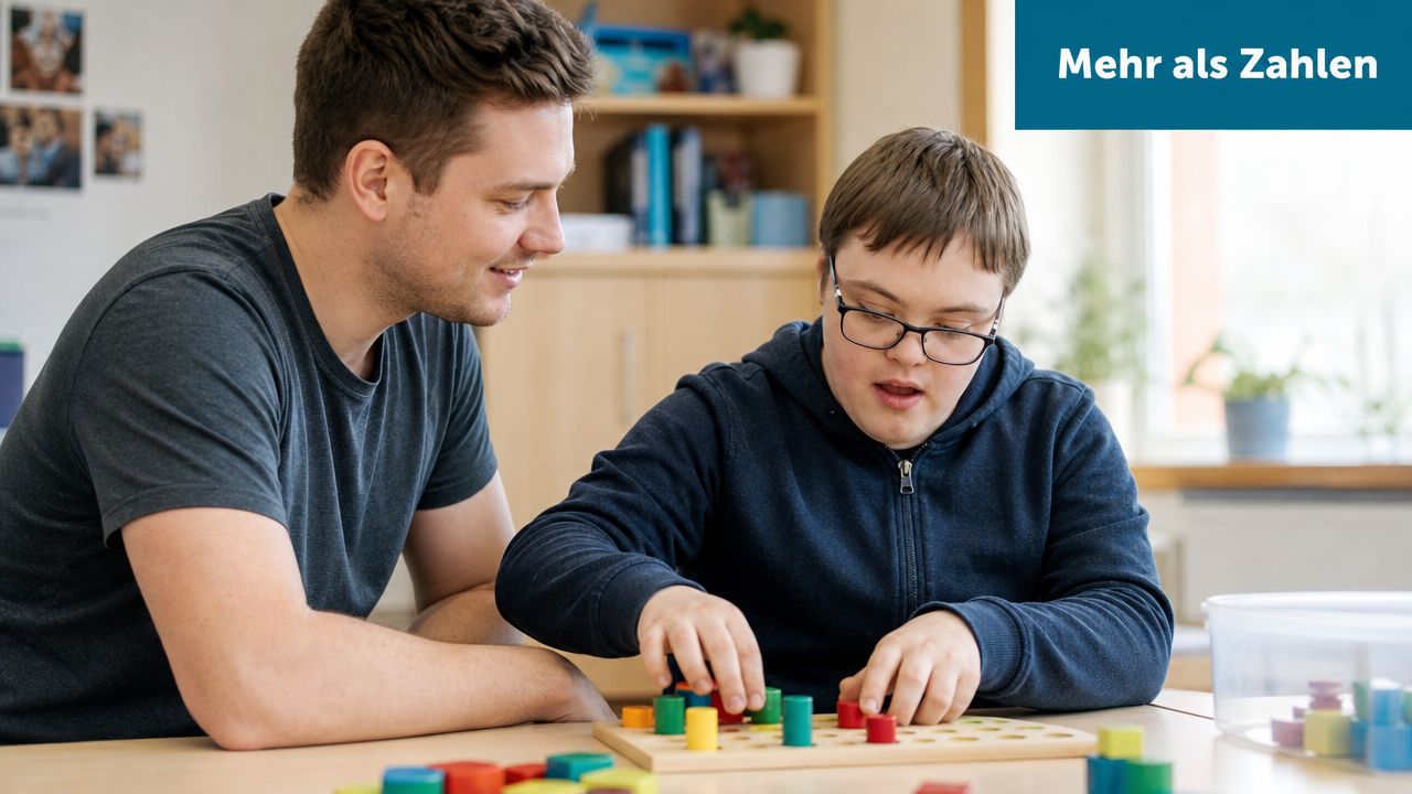 Ein Heilerziehungspfleger unterstützt einen jungen Menschen mit Down-Syndrom bei einer Übung mit farbigen Holzklötzen an einem Tisch.