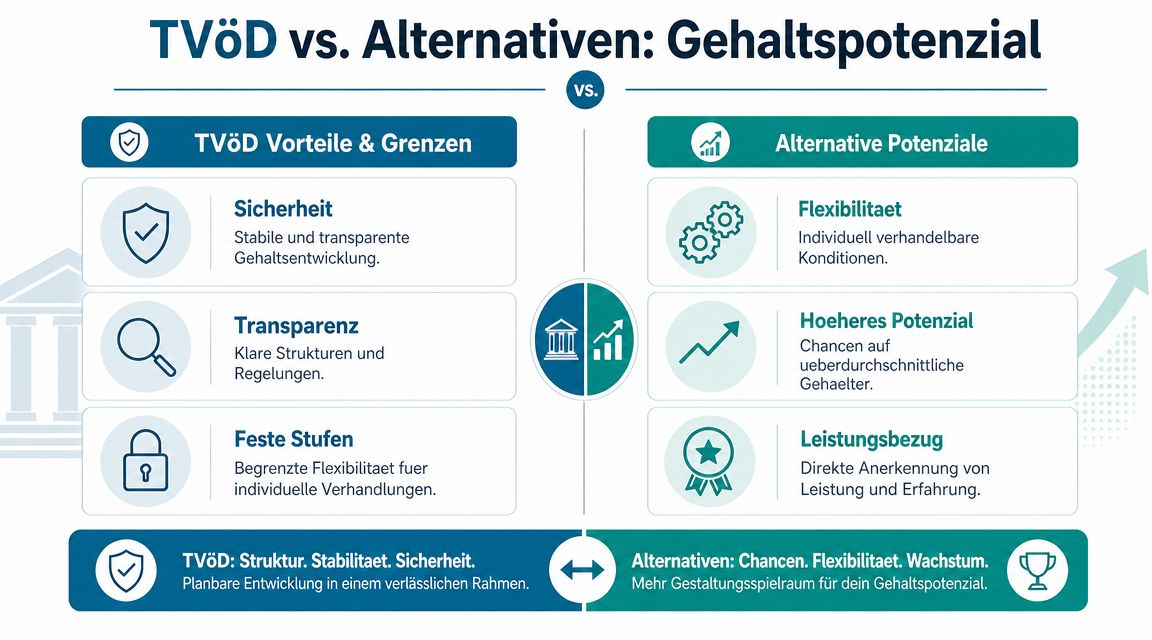 Vergleichsgrafik zwischen dem TVöD Gehaltssystem und Alternativen hinsichtlich Sicherheit, Transparenz, Flexibilität und Gehaltspotenzial für Arbeitnehmer.