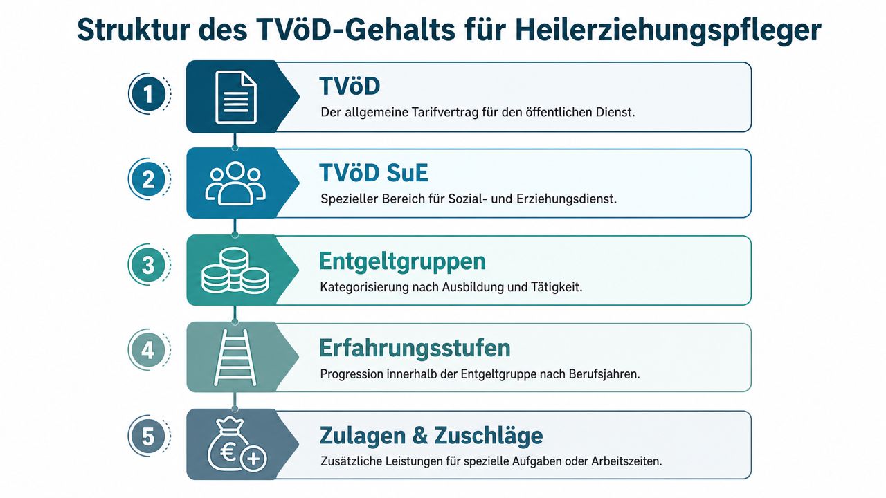 Infografik zur Struktur des TVöD-Gehalts für Heilerziehungspfleger mit fünf Stufen von Tarifvertrag bis zu Zulagen.