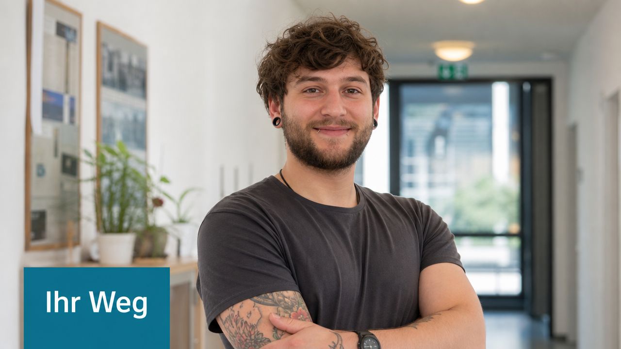 Ein junger Mann mit Tätowierungen und Ohrschmuck lächelt freundlich in die Kamera, während er in einem Büro steht.