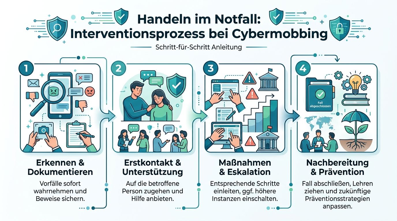 Eine Schritt-für-Schritt-Anleitung für den Interventionsprozess bei Cybermobbing mit vier aufeinanderfolgenden Phasen von der Erkennung bis zur Prävention.