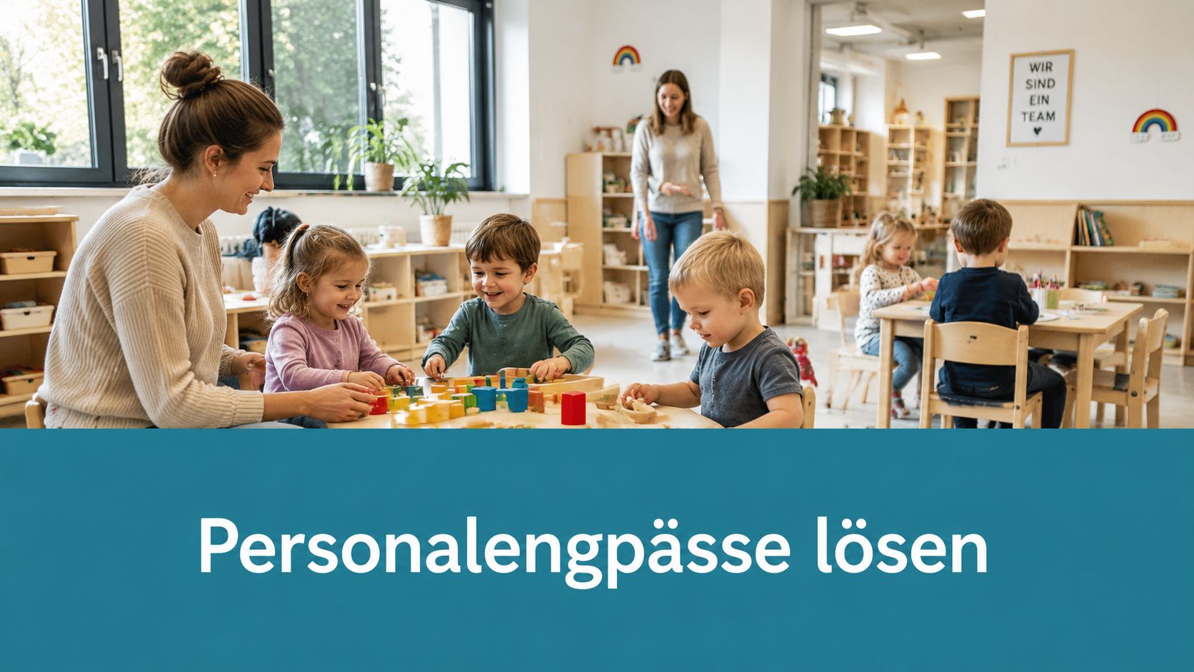 Eine Erzieherin spielt mit Kindern an einem Tisch in einem freundlichen und hellen Kindergarten.